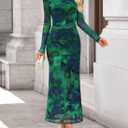 ZESICA Women's Long Sleeve Floral Maxi Dress 2026 Fall Off Shoulder Bodycon Ruched Mesh Cocktail Wedding Guest Dresses (M)