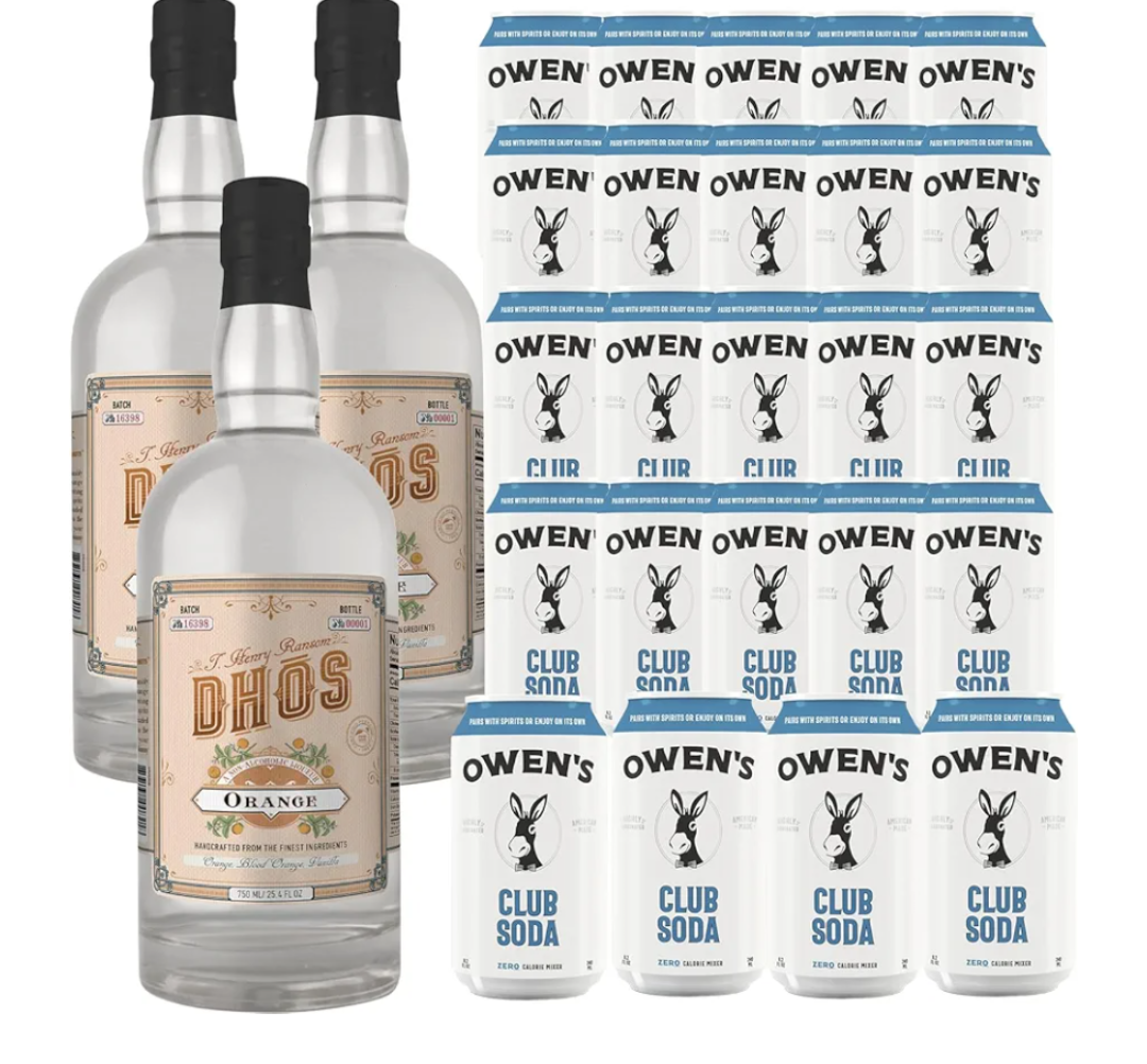 Dhōs Handcrafted Non-Alcoholic Orange 750 ML Bottles with Owen’s Mixers Club Soda 8.2 OZ Cans - Keto-Friendly, Zero Sugar, Zero Calories, Zero Proof - Perfect for Mocktails - Made in USA (No BB Day)