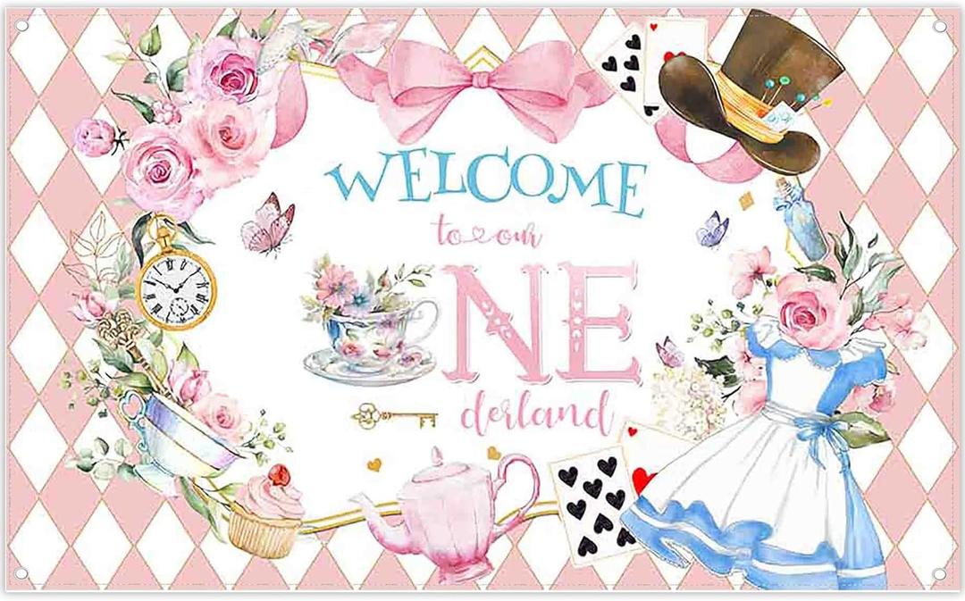 72x43inch Pink Onederland Backdrop Floral Checkerboard Hat Fairy Tale Photography Background Girls Kids Birthday Party Baby Shower Decor Photo Props