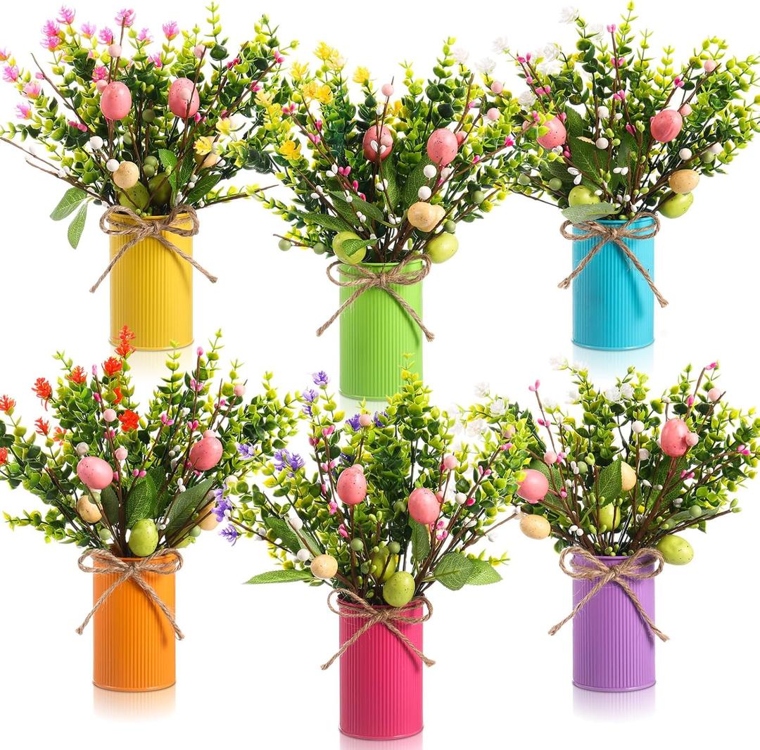 Riceshoot 6 Sets Spring Easter Table Centerpiece Decor 12 Easter Artificial Flower Picks with 6 Metal Pots 12 Eucalyptus Egg Stems Twig Branches Sprays with Berries for Home Arrangement(Mixed Color)