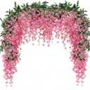 JUSTOYOU 3PCS 7FT 12 Stem Artificial Wisteria Vine Garland Fake Flower Wisteria Garlands for Outdoor Indoor Wedding Wall Bedroom Decoration(Fuchsia)