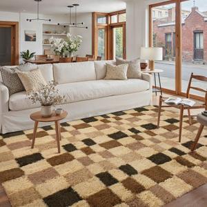 6x9 Checkered Area Rug Brown Fluffy Shag Living Room Carpet Washable Non-Slip Soft Pile Fuzzy Throw Rug for Bedroom Dorm Bathroom Dining Room Home Aesthetic Decor Office