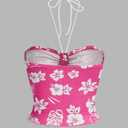 Women's Floral Print Halter Top Sweetheart Neck Ruched Tie Back Slim Fit Crop Tops (Pink, M)