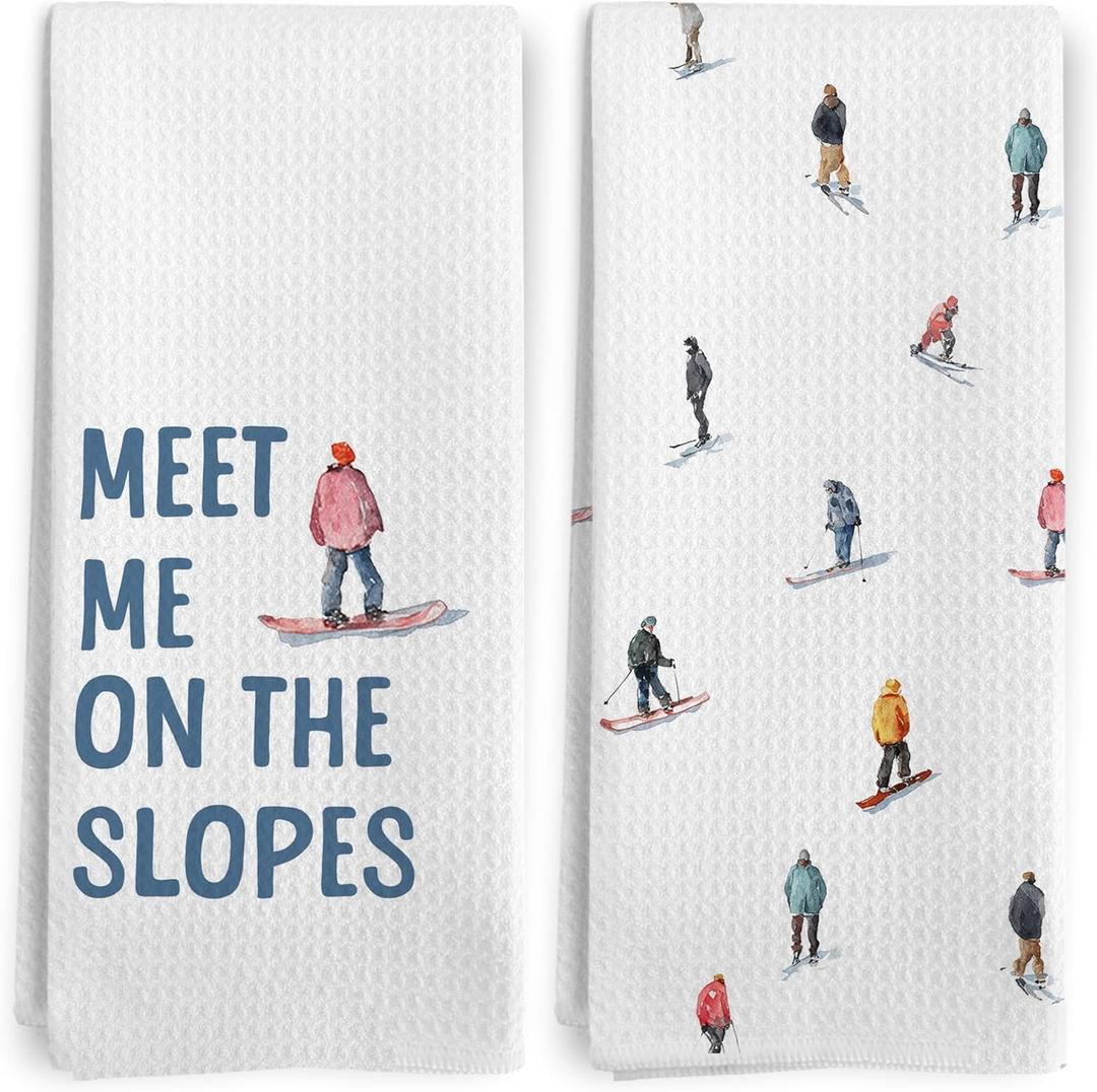 BitKAM Winter Ski Kitchen Towels, Ski Skiing Gifts for Women Men Dish Tea Towels for Kitchen, Meet Me at The Slopes Skiing Decorative Hand Towels, Winter Bathroom Decor, 16x24 Inch Set of 2 Skating
