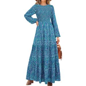 PRETTYGARDEN Women's Fall Dresses 2026 Long Sleeve Flowy Casual Floral Maxi Dress Crew Neck Smocked Tiered Long Dress (Blue, M)