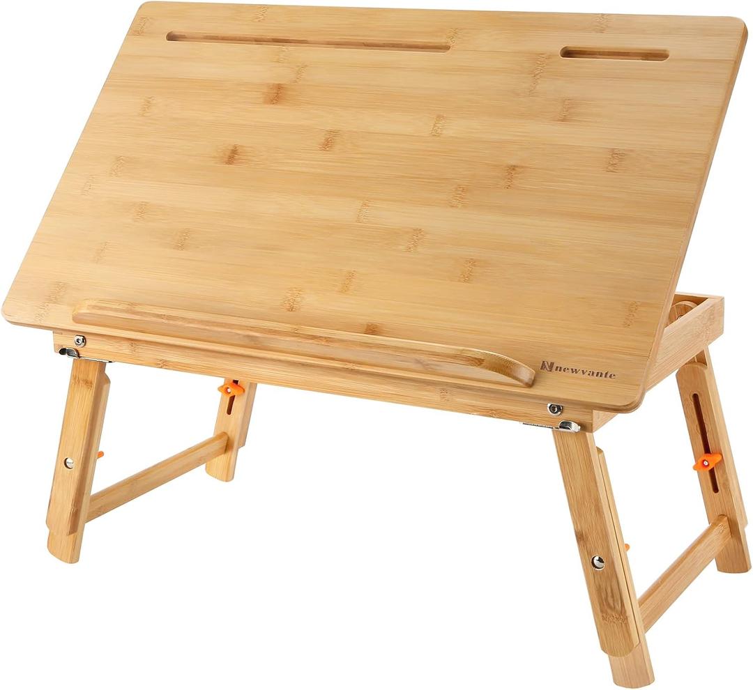 Drawing Table Nnewvante Laptop Desk Adjustable Drafting Desk Foldable Bamboo Bed Tray with Tablet Slot for Adult Kids, Large (23.6inch)