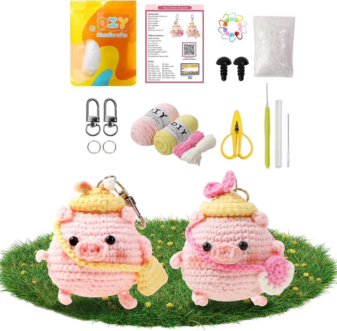 Crochet Kit for Beginners - 2 PCS Pink Spring Outing Pig Knitting Kit,Adult Beginner Crochet Kit, Beginner Crochet kit for Kids with Step-by-Step Video Tutorial