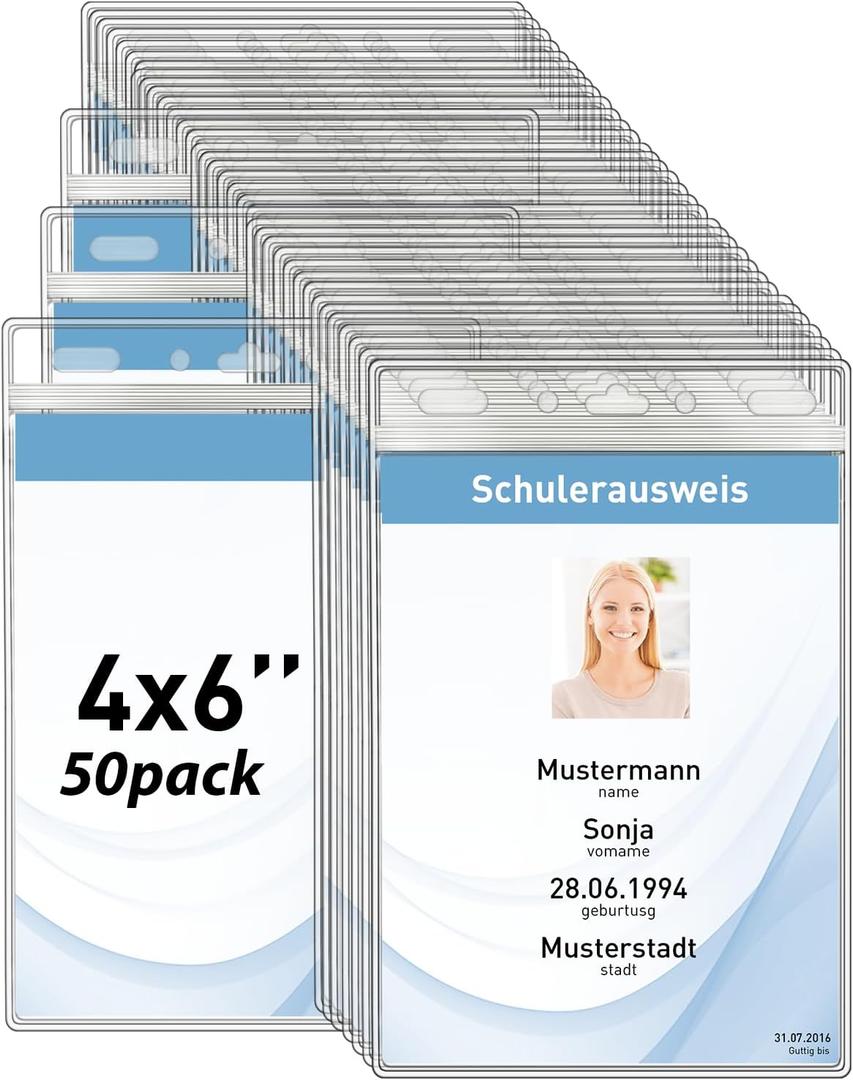 Vertical ID Badge Holders with Soft Edge (Sealable Fits 4x6 Inch Insert) (50 Pack), Waterproof Passport ID Card Holder, Name Tag Holder, Name Badge Holders, Zipper Plastic Badge Holder