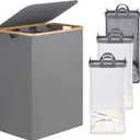 efluky Laundry Hamper with Lid, Trio Laundry Basket with 2 Removable Bags, 3 Section Laundry Bin with Bamboo Handles for Bathroom, Bedroom & Laundry Room, 160L (42.3 Gallon) Silver Grey