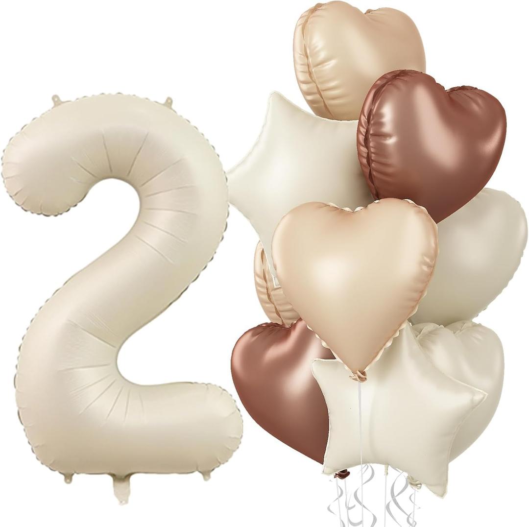 Large Number 2 Balloons, 40'' Beige Nude 2 Balloon with Foil Cream Star Balloon Decor, Neutral Coffee Brown Tan White Sand Helium Heart Balloon for Girls 2nd Birthday Anniversary Party Boho Decoration