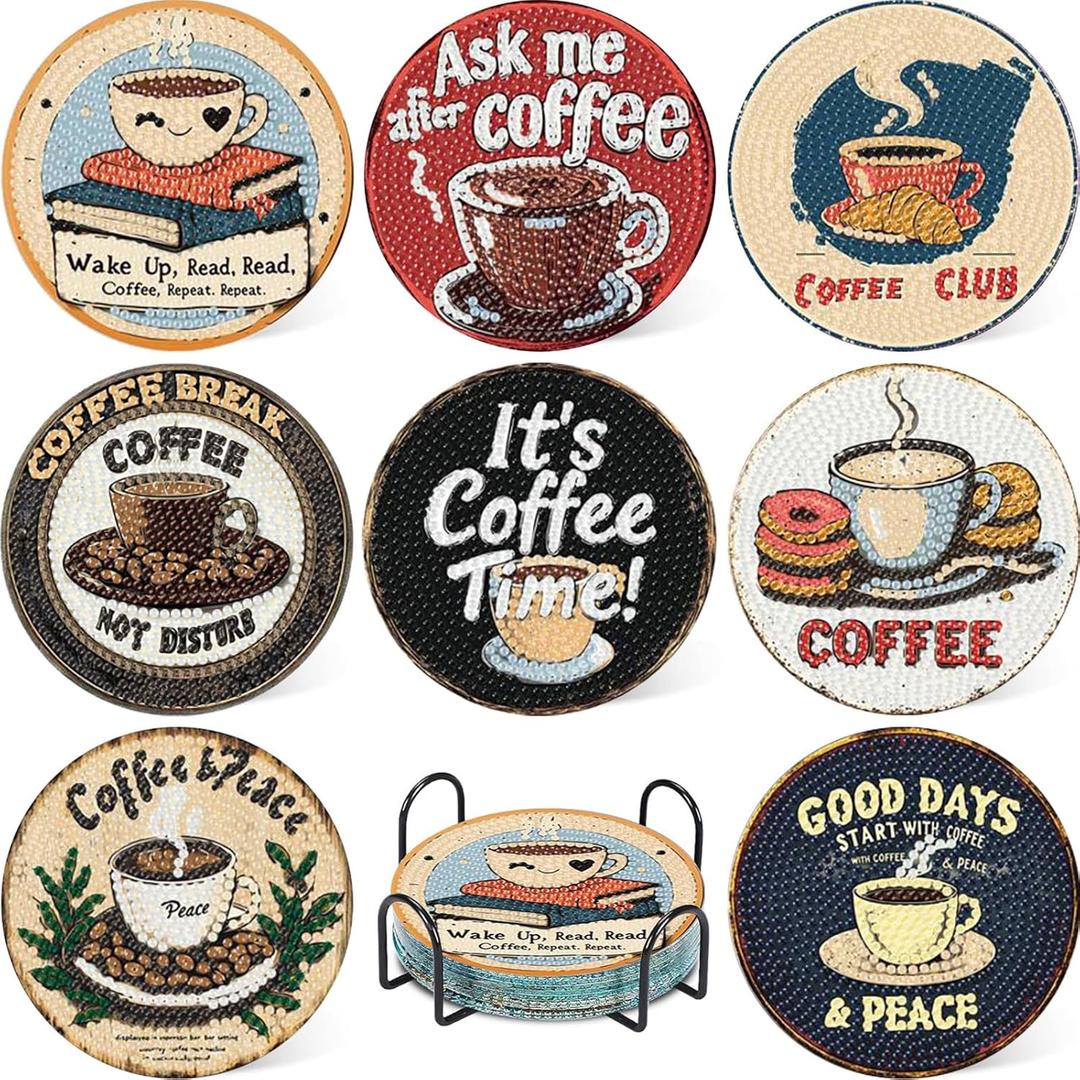8 Pcs Coffee Diamond Art Coasters Kit for Adults Beginners, Coffee Diamond Painting Coasters with Holder, 5D Gem Art DIY Crafts Diamond Dots for Adults