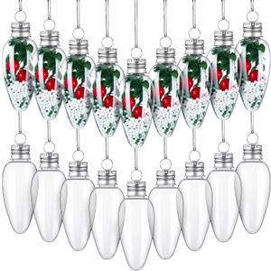 60 Pcs Christmas Clear Plastic Bulb Shape Fillable DIY Light Bulb Ornaments Empty with 2 Pcs Silver Rope for Candy DIY Craft Tree Decor