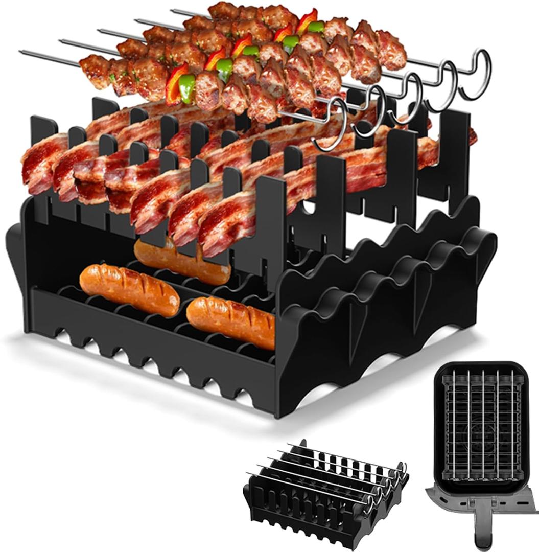 Silicone Air Fryer Rack, 3 in 1 Grill Rack Set Air Fryer Accessories for Ninja DZ071 AF401 AF500 SL400 COSORI 9 QT Air Fryer, Non-Stick & Easy to Clean
