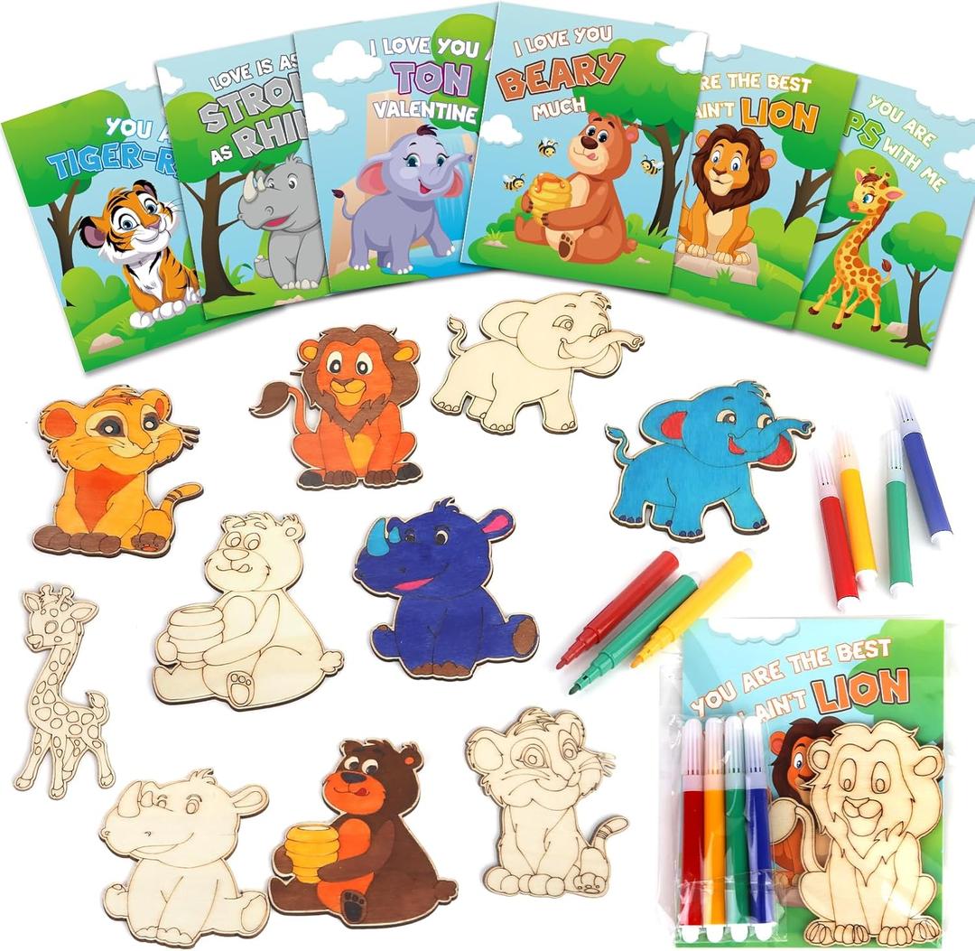 Valentines Day Gifts For Kids, 30 Pack Animal Wooden Painting Crafts for Kids Classroom Exchange, Valentines Party Favors for Boys Girls, DIY Unfinished Kits for Toddlers School Classroom Prizes