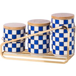 Kitchen countertop ceramic grid pattern airtight jar set - a set of 3 kitchen jars with layered shelves, sealed countertop flour and sugar containers, coffee and tea storage (Blue)