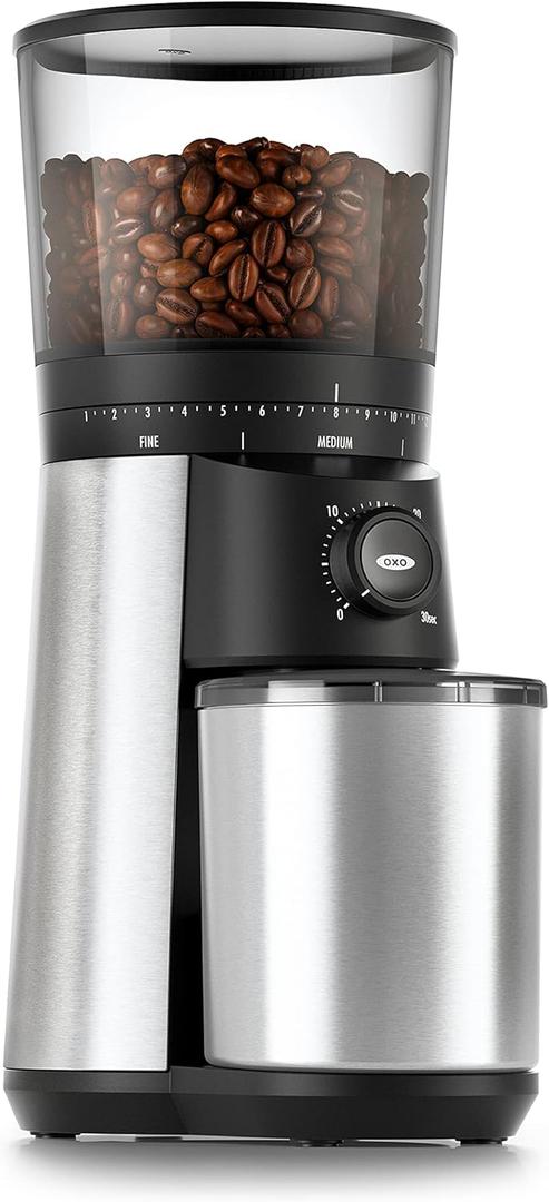 OXO Brew Conical Burr Coffee Grinder - Silver, Stainless Steel Burrs, One-Touch Automatic Smart Grind