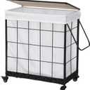 Durable Laundry Hamper with Removable Liner Bag, Heavy Duty Wheels, Wood Lid and Metal Handle - Clothes Sorter and Laundry Basket in White (110L23.43x13.58x26.37 Inches)