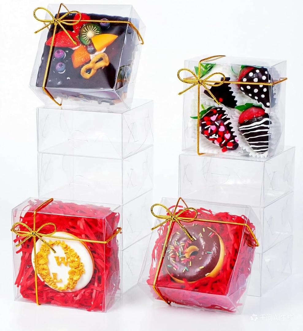 RomanticBaking 50PCS 5x5x2 Inches Full Clear Bakery Boxes Chocolate Covered Strawberries Boxes,Mini Cake, Cookies,Macaron,Pie, Cakesickle &More