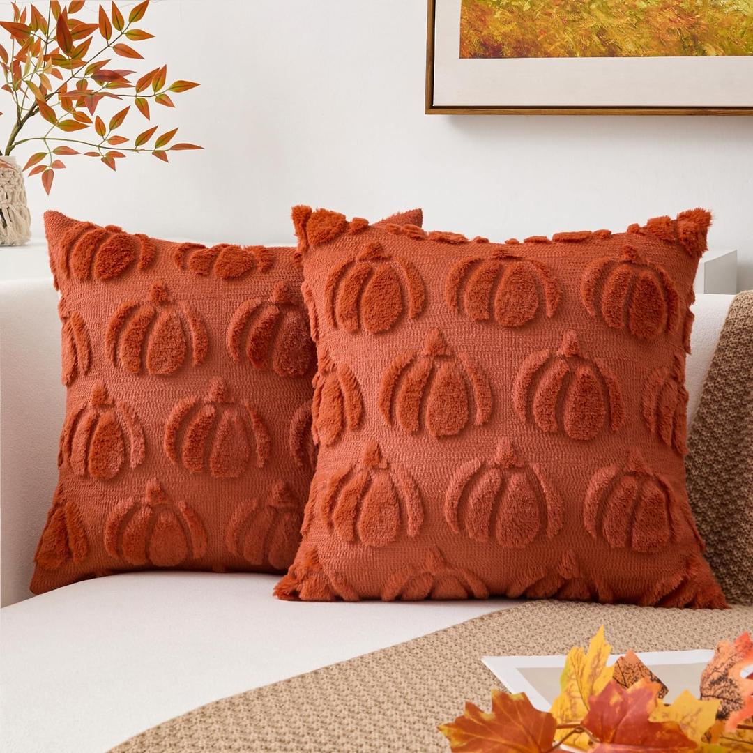 Kevin Textile Fall Pillow Covers 18x18 Inch Set of 2 Soft Pumpkins Decorative Square Pillowcases Plush Autumn Faux Fur Cushions Harvest Gift for Couch Sofa Chair Bedroom Home Decor, Rust