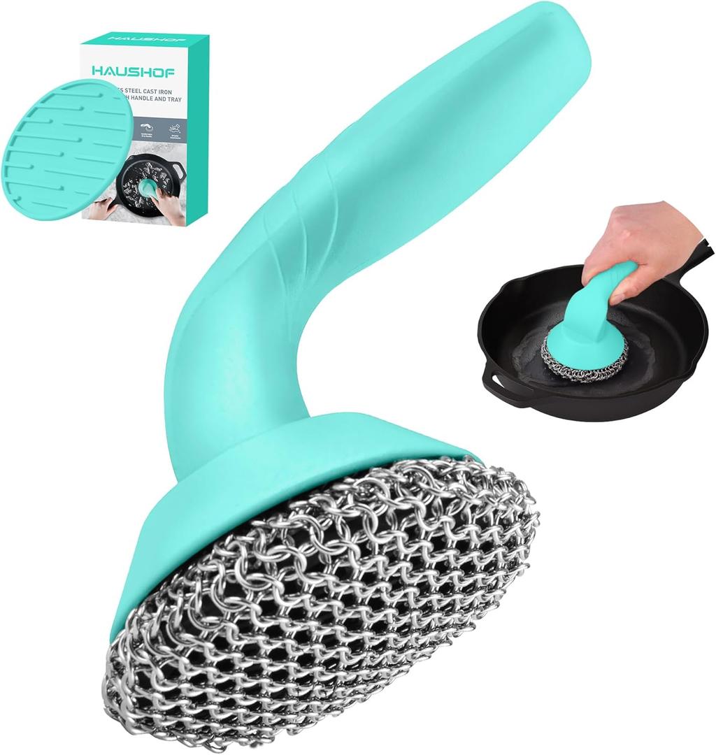 HAUSHOF Cast Iron Scrubber with Long Handle, Chainmail Scrubber Cast Iron Cleaner for Pan, Kitchen Cleaning Kit for Grill, Dutch, Oven (Seafoam Green)