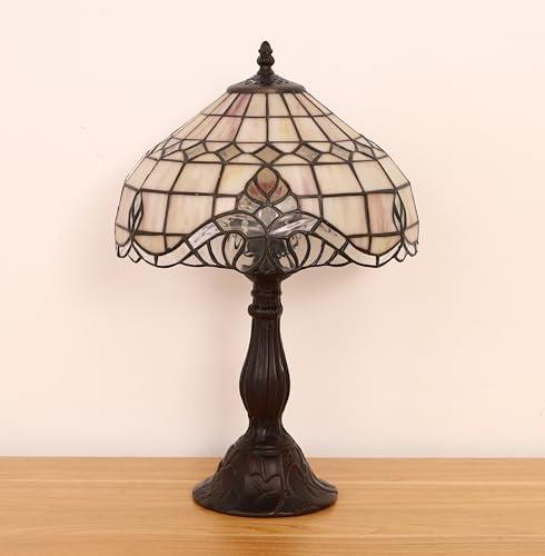 FUMAT Tiffany Vintage Table Lamp,Pink Baroque Stained Glass Vintage Lamps,Bedside Nightstand Lamps for Bedroom,Living Room,Home Office Desk Lamp,LED 3 Color Temperatures Bulb,12X12X19Inch