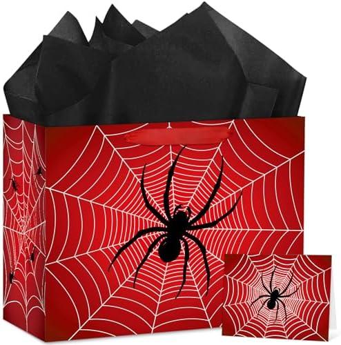 Hooqict Spider Birthday Gift Bag with Handles, Wrapping Paper, Greeting Card for Boys Kids Men Goodie Treat Party Gift Box Black Red Spider Web Birthday Decorations Halloween Bag 2 in Pack