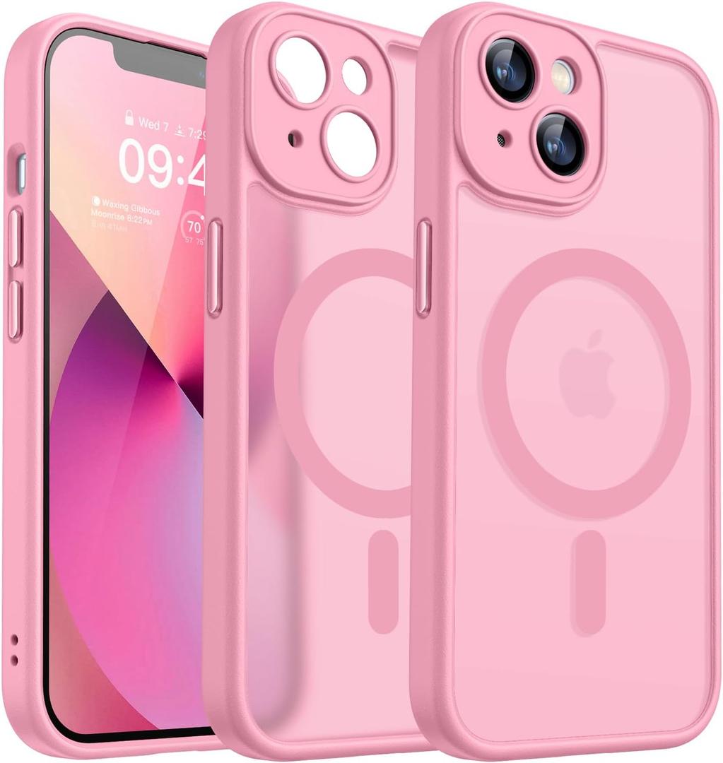 CANSHN Magnetic for iPhone 13 Case, Upgraded [Full Camera Protection] [Compatible with Magsafe] [Translucent Matte] Shockproof Protective Phone Case for iPhone 13 6.1" - Pink