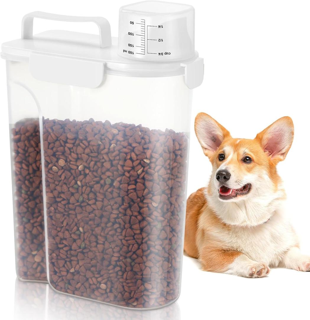 5-7 Lbs Dog Cat Food Storage Container, Portable Travel Pet Food Storage Container with Measuring Cup, Easy-Pouring Bird Seed Dispenser, Airtight Rice Cereal Oatmeal Flour Dispenser -White