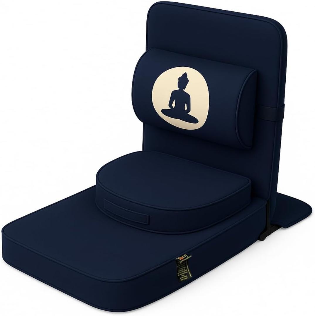 Friends Of Meditation Buddha Meditation Chair  Portable Folding Yoga Chair for Adults with Detachable Back Support & Zafu Cushion, Ergonomic Meditation Seat, Navy Blue