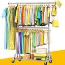 Heavy Duty Double Rods Clothes Rack Load 860LBS, Adjustable Portable Clothing Racks for Hanging Clothes, Rolling Garment Rack With Wheels Shelf, Sturdy Freestanding Closet Rack, 100% Stainless Steel, Silver 