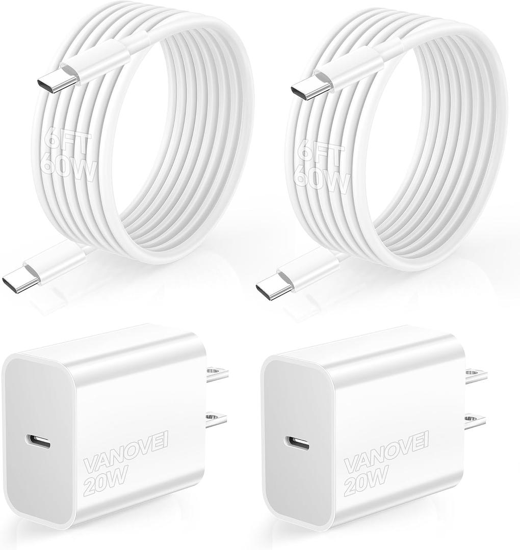 for iPhone 15 USB C Fast Charger,20W Type C Charger Block with 2Pack 60W USB C to C Cable 6FT Compatible with iPhone 16 Pro Max/Samsung/Pad Pro/Android White