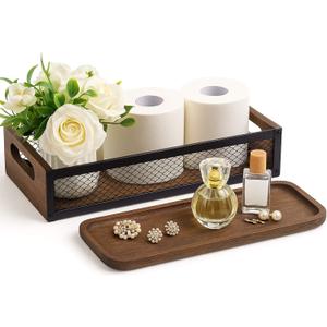 Kathfly Toilet Tank Tray Set (2 Pack), Rustic Toilet Top Storage Basket with Handle + Wooden Vanity Tray, Bathroom Counter Organizer for Paper, Wipes, Perfume & Decoration
