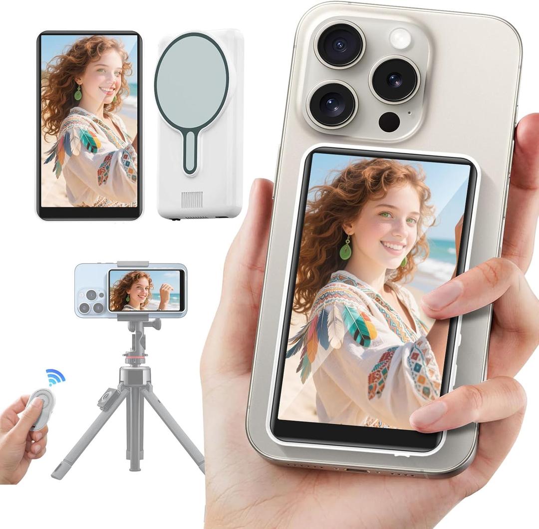 Vlog Selfie Monitor Screen, Back Camera Monitor Screen for iPhone, Wireless Magnetic Phone screen mirroring with Bluetooth Remote Speaker for YouTube Live Stream TikTok, Compatible with iPhone Android (White)