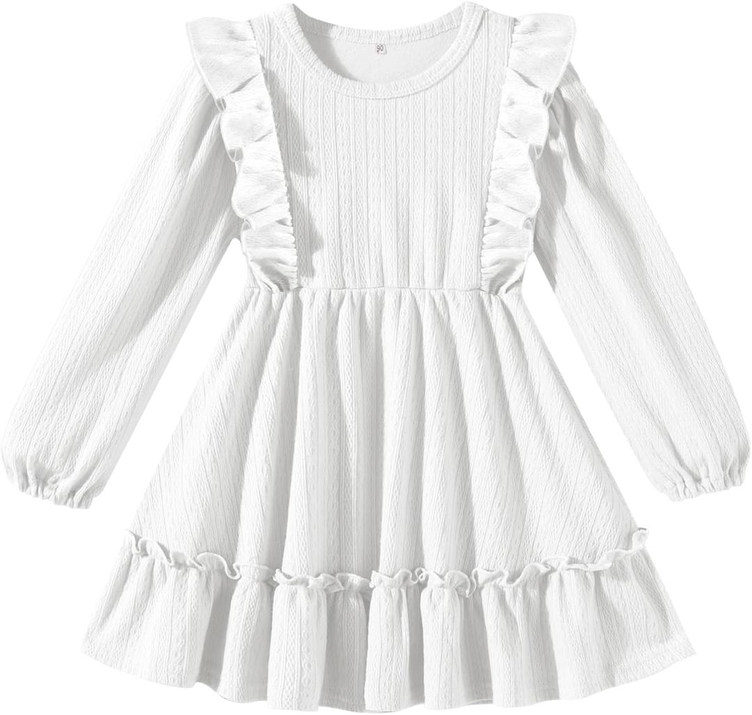 Toddler Baby Girl Dress Girls Sweater Dresses Ruffle Ribbed Knit Long Sleeve Swing Fall Winter Clothes Christmas (4-5T, A Line White)
