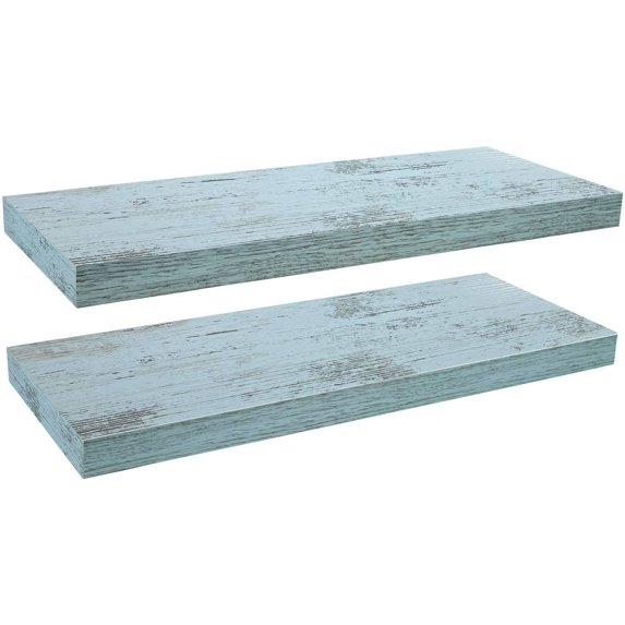 RONG-3 Floating Shelves for Wall, 2 Pack Shelves for Bedroom, Bathroom, Kitchen, Hanging Wall Mounted Rustic Wood Shelf with Invisible Brackets for Books Decor,Rustic Blue