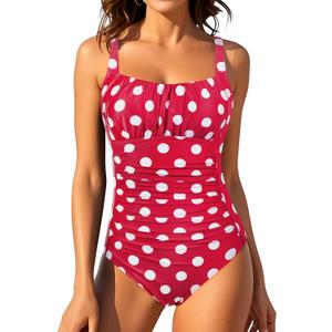 Aqua Eve One Piece Bathing Suit for Women Tummy Control Swimsuit Slimming Vintage Swimwear Red Polka Dot L