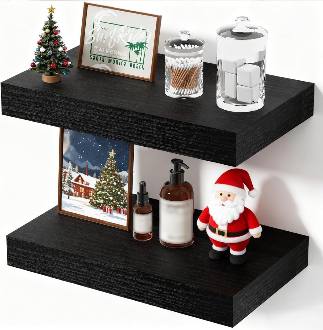 Floating Shelves Bathroom for Wall, Bathroom Shelves Over Toilet, Wall Shelves & Book Shelf for Room, Hanging Shelf, Modern Wooden Mounted Floating Shelves, 12x7x1.5 in (Black, Set of 2)