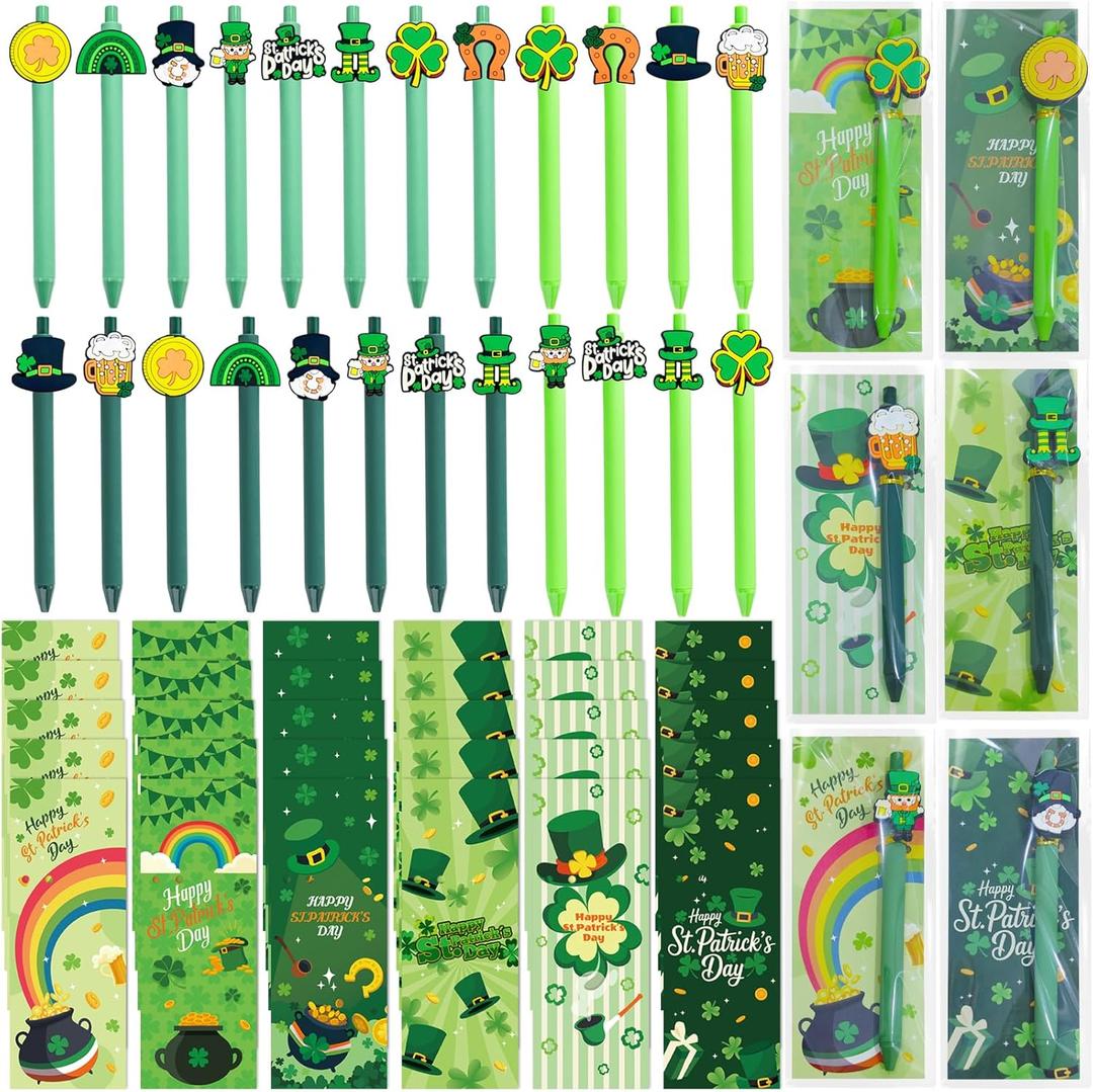 24 Pcs St. Patrick's Day Easter Ballpoint Pens with Blessing Cards Bunny Carrot Retractable Black Ink Pens Saint Patrick's Day Easter Cards for Office Party Favors