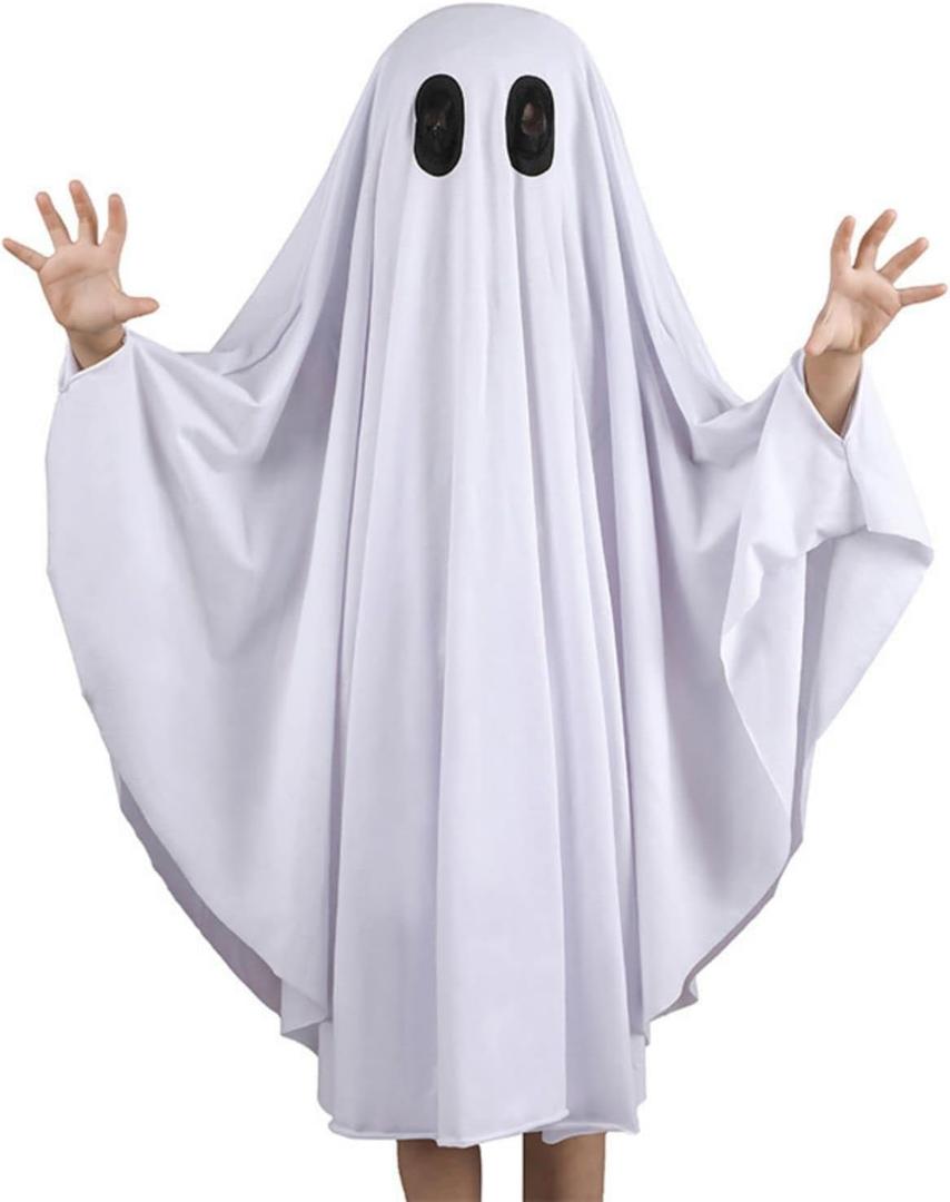 Noubeau Unisex Kid Ghost Costume Girl Halloween Fancy Dress Cosplay Boy White Boo Ghost Cloak Child Spooky Trick-or-Treating(White,5-7 Years)
