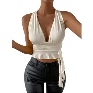 SOLY HUX Women's Sexy Deep V-Neck Halter Crop Top Summer Beach Vacation Clothes Y2K Trendy Tank Top for Going Out Party (Medium, Plain Beige)
