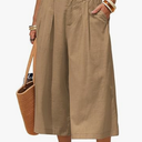 EXLURA Womens Linen Capri Pants Summer Wide Leg Palazzo Pant Cotton Dressy Casual Cropped Gaucho Pant Culottes with Pockets (XX-Large, Light Brown)