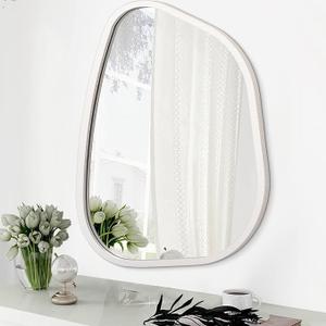 Asymmetrical Mirror for Wall Decor Large 20"x16" Modern Oval Wooden Framed Wall Mirror Unique Shape Wall Mounted Vanity Artistic Wavy Mirror Decorative for Living Room Bedroom Bathroom (Cream)