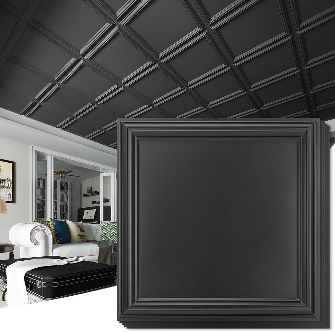 Art3d 24-Pack Drop Relief Ceiling Tiles for Home, Office & Commercial Space, 24 x 24in PVC Waterproof 3D Wall Panels Cover 96 Sq. Ft, Black