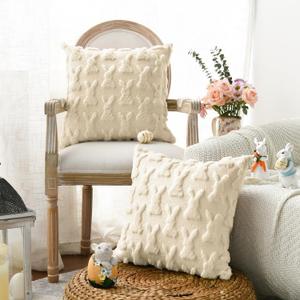 AVOIN colorlife Easter Rabbits Beige Throw Pillow Cover, 18 x 18 Inch Bunny Soft Plush Faux Fur Jacquard Cushion Case Decoration for Sofa Couch Set of 2