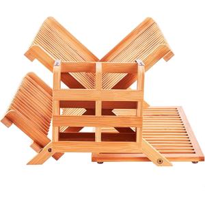 Foldable Bamboo Dish Rack, 3-Tier Wooden Dish Drainer & Utensil Holder for Kitchen - Large Countertop Drying Rack for Dishes and Plates, Natural Compact Storage