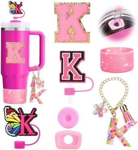Pack Of 2 7PCS Stanley Cup Accessories Set - Pink Tumbler Initials Decorations for 30oz 40oz, Includes Bow Straw Topper, Handle Charm, Letter Sticker, Silicone Boot, Spill Proof Stopper (Letter A-Z)