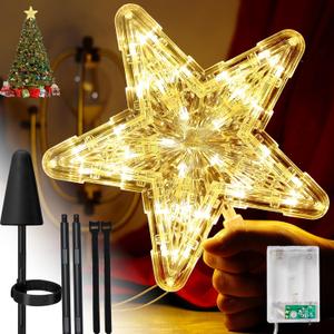 Lighted Christmas Tree Star Topper with Stabilizer Holder - 9" Battery Operated Tree Toppers with 30 LED Lights, Large Xmas Tree Top Ornament for Holiday Decoration
