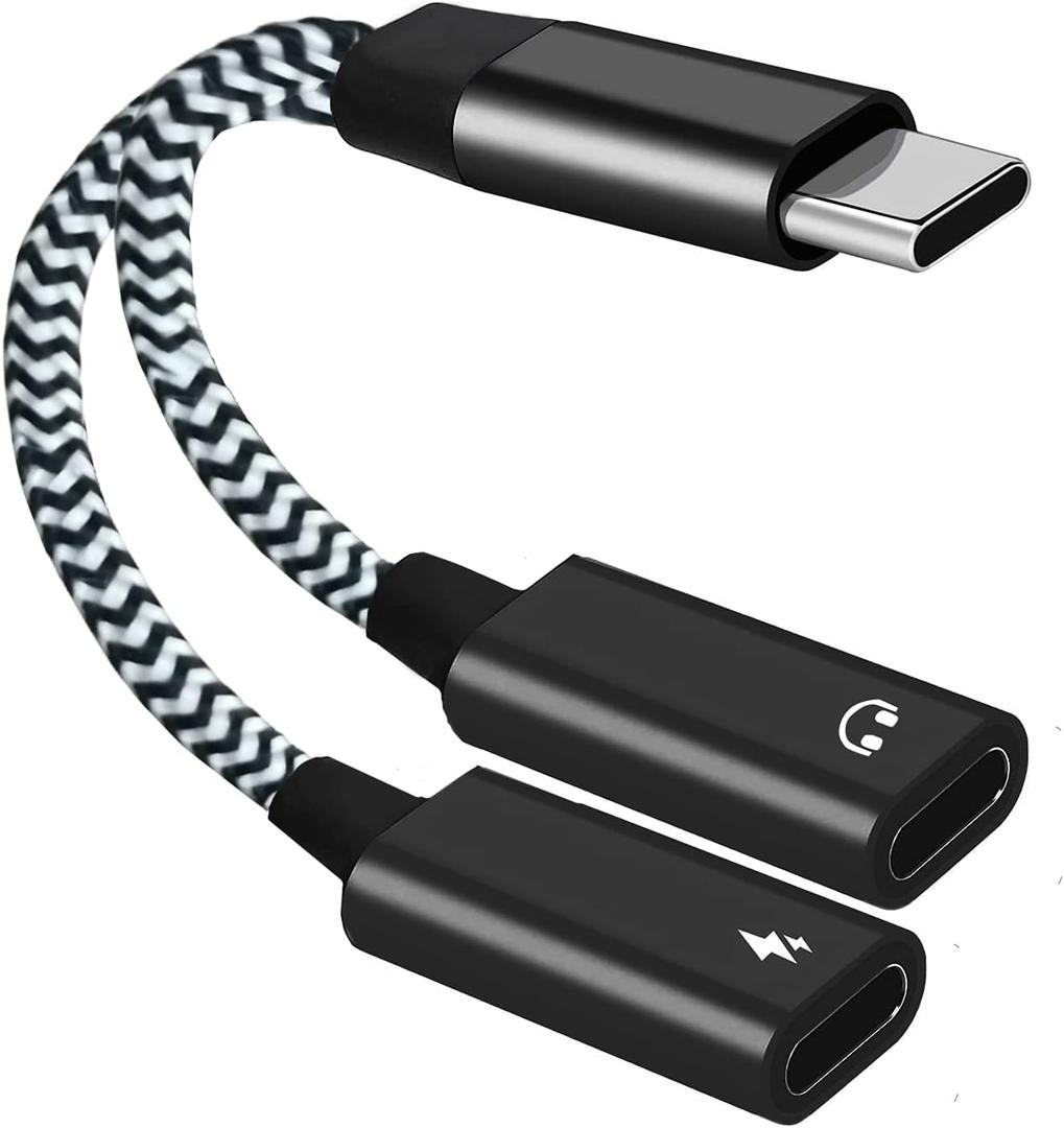 USB C to Dual USB C Female Audio Type C Connector Headphone and Type C Charging Adapter Splitter Music 2 in 1 Aux Cable (Black) (Black 1)
