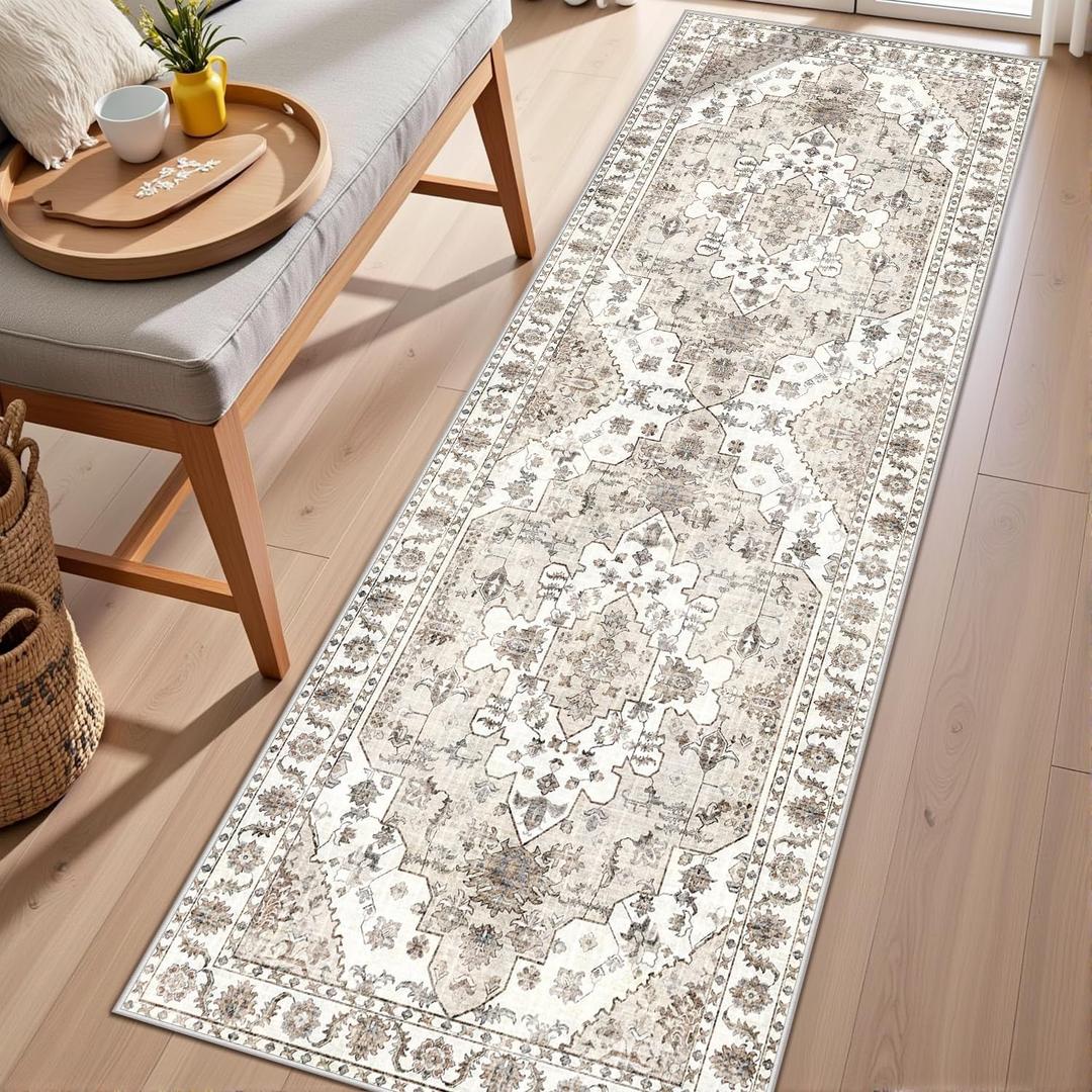 Rug Runners for Hallways Non Slip 2x6, Kitchen Rugs with Rubber Backing, Washable Vintage, Boho Area Rug for Living Room, Low Pile Distressed Rugs Carpet Runners for Bedroom, Entryway, Laundry (Beige)