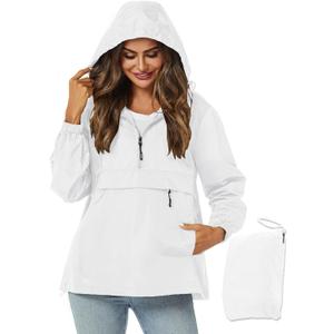 Avoogue Womens Rain Jacket with Hood,Pullover,Packable,Lightweight,Windbreaker,Waterproof,Breathable. (Small, White)